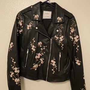Cherry Blossom Embroidered Vegan Leather Jacket